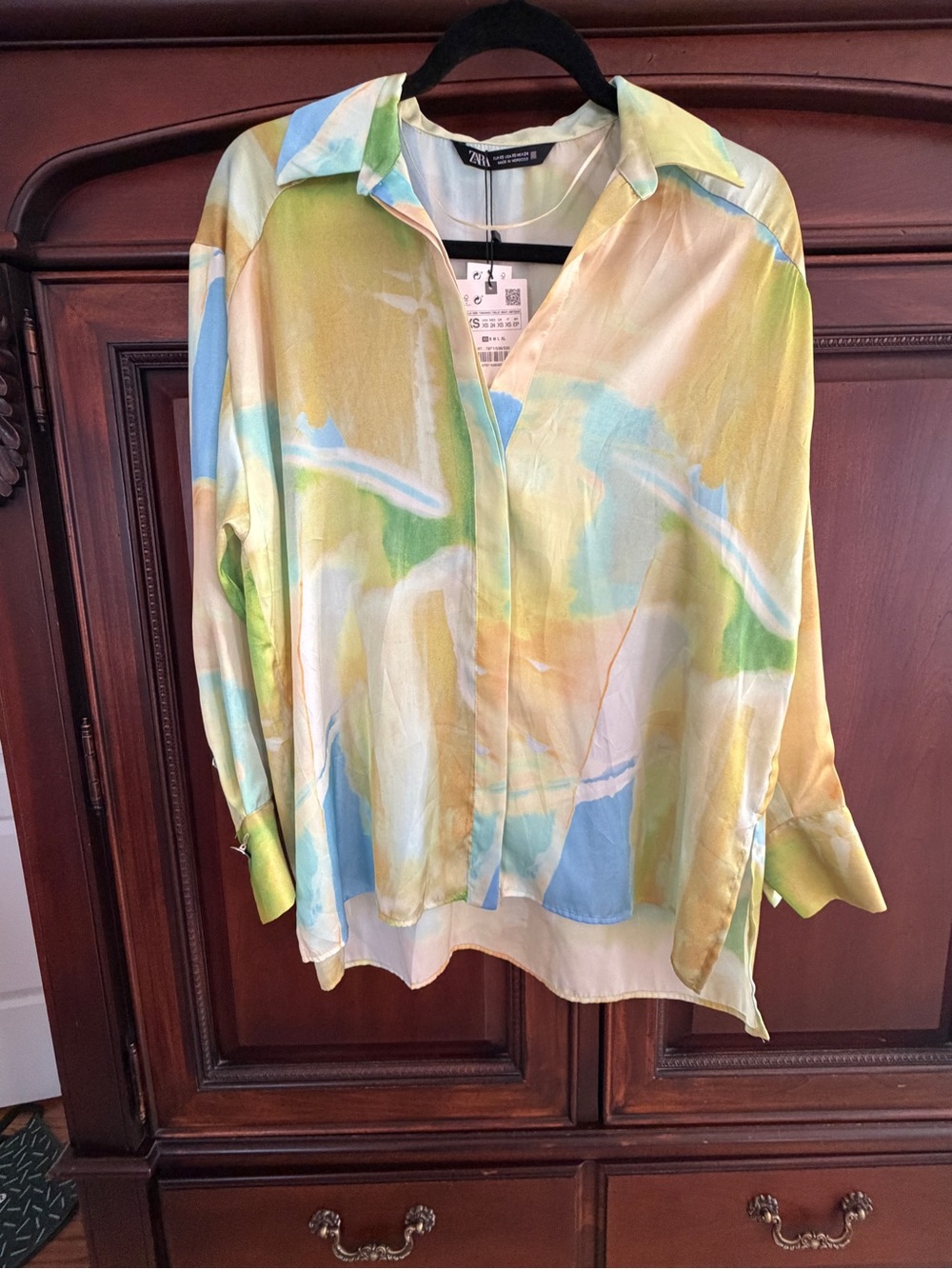 Zara Pastel Yellow, Blue & Green Watercolor Button-Up Blouse